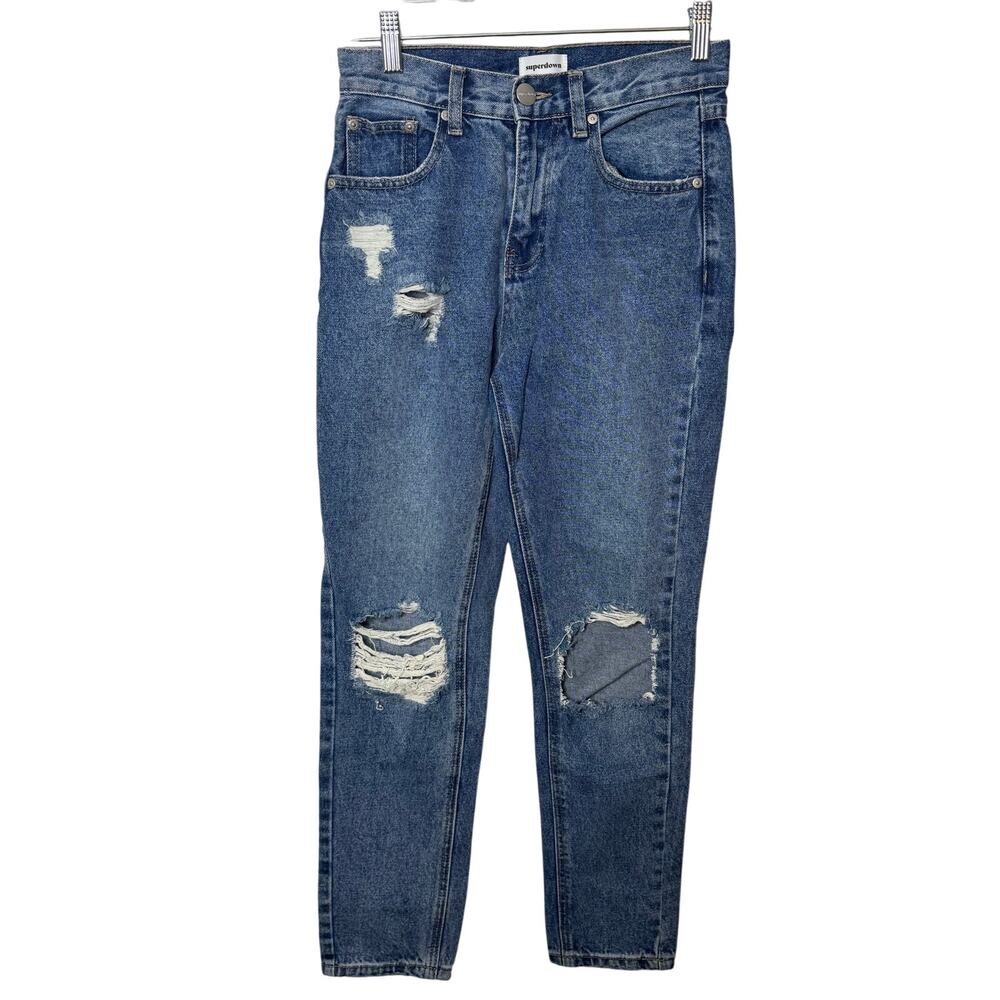 Superdown Women’s Distressed Boyfriend Jeans Size 25 Blue Denim Ripped Knees
